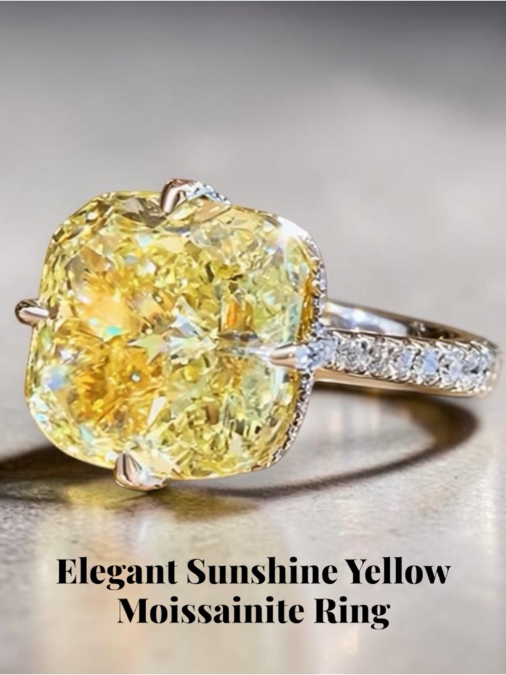 “Crushed Ice Meets Fire” Cushion Cut Yellow Moissanite Sterling Silver Ring
